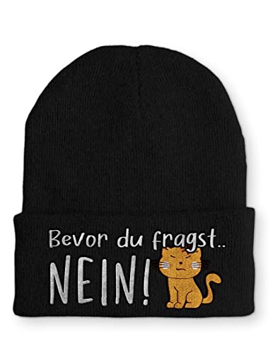 tshirtladen Bevor du fragst. NEIN Katze Statement Beanie Mütze mit Spruch, Farbe: Black von tshirtladen