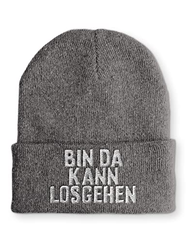 tshirtladen Bin da kann losgehen Statement Spruchmütze Beanie Mütze für Damen und Herren, Farbe: Grau von tshirtladen