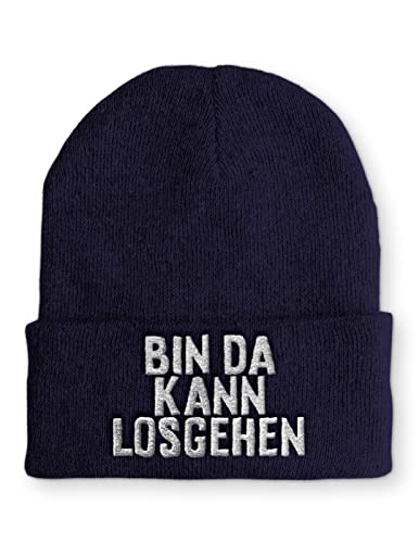 tshirtladen Bin da kann losgehen Statement Spruchmütze Beanie Mütze für Damen und Herren, Farbe: Navy von tshirtladen