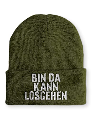 tshirtladen Bin da kann losgehen Statement Spruchmütze Beanie Mütze für Damen und Herren, Farbe: Olive von tshirtladen