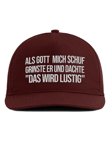 tshirtladen Bordeaux Snapback mit witzigem Spruch - Als Gott Mich Schuf grinste er - Fun Kappe als Männergeschenk - Retro-Look - Bestickt - verstellbar - Statement Accessoire tshirtladen Bordeaux Snapback mit witzigem Spruch - Als Gott Mich Schuf grinste er - Fun Kappe als Männergeschenk - Retro-Look - Bestickt - verstellbar - Statement Accessoire von tshirtladen