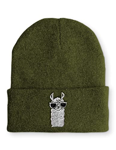 tshirtladen Cool Lama Retro Statement Beanie Mütze mit Spruch für Damen und Herren, Farbe: Olive von tshirtladen