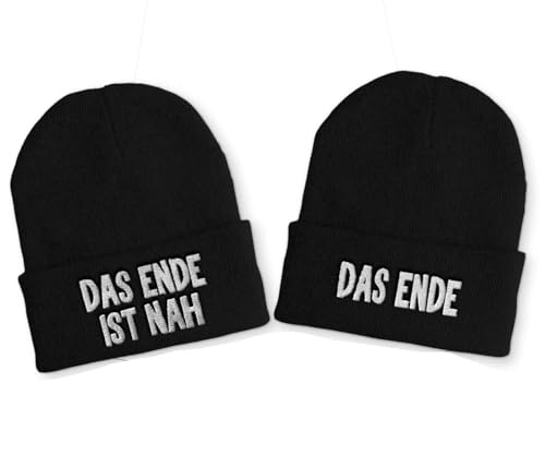 tshirtladen Das Ende ist nah Das Ende Duo Mütze Schwarz - Schwarzer Humor für kalte Tage, bestickte Partnermütze mit Spruch, Statement Beanie für Paare und Freunde von tshirtladen