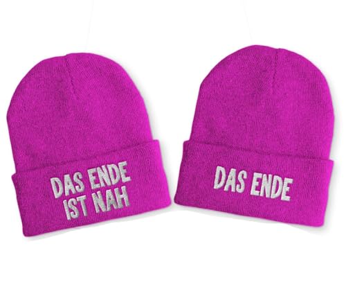 tshirtladen Das Ende ist nah & Das Ende - Duo Partnermütze mit Stick - Lustige Beanie für Paare & Freunde - 2er Set Wintermütze mit Statement Spruch, Farbe: Pink von tshirtladen