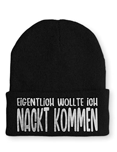 tshirtladen Eigentlich wollte ich Nackt kommen lustiges Design Statement Beanie Mütze mit Spruch, Farbe: Black von tshirtladen