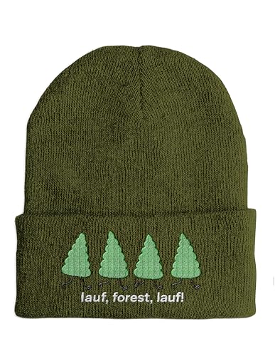 tshirtladen Elastische Mütze Bestickt mit Spruch lauf Forest lauf und Baumstickerei Olive doppellagig Unisex Beanie Kopfbedeckung für Alltag Herbst Winter Freizeit von tshirtladen