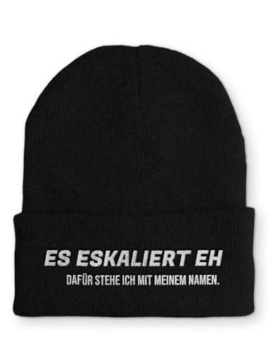 tshirtladen Es eskaliert eh Spruchmütze Strickmütze Wintermütze lustige Beanie mit Stick OneSize Mütze, Farbe: Black von tshirtladen