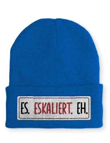 tshirtladen Es. Eskaliert. Eh. Statement Beanie Mütze mit Spruch, Farbe: Blau von tshirtladen