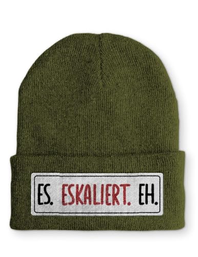 tshirtladen Es. Eskaliert. Eh. Statement Beanie Mütze mit Spruch, Farbe: Olive von tshirtladen