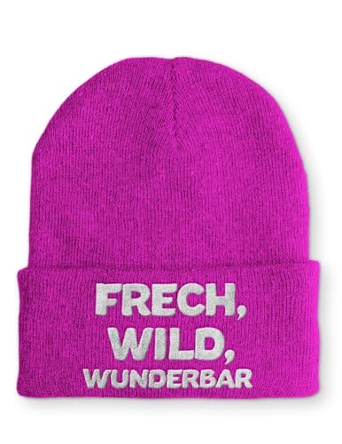tshirtladen Frech, Wild, Wunderbar Statement Beanie Mütze mit Spruch, Farbe: Pink von tshirtladen