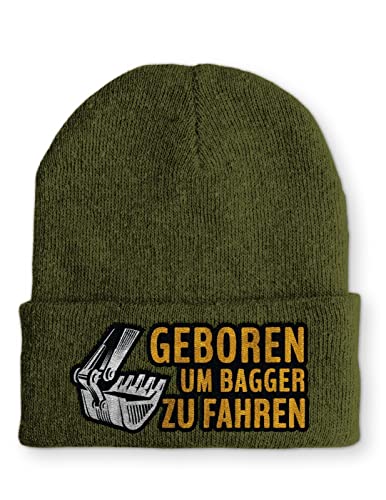 tshirtladen Geboren um Bagger zu fahren Statement Beanie Mütze mit Spruch, Farbe: Olive von tshirtladen