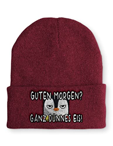 tshirtladen Guten Morgen? Ganz dünnes Eis! Statement Beanie Mütze mit Spruch Pinguin, Farbe: Bordeaux von tshirtladen