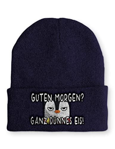 tshirtladen Guten Morgen? Ganz dünnes Eis! Statement Beanie Mütze mit Spruch Pinguin, Farbe: Navy von tshirtladen