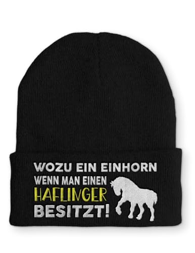 tshirtladen Haflinger Pferd Spruchmütze Strickmütze Wintermütze lustige Beanie mit Stick OneSize Mütze, Farbe: Black von tshirtladen