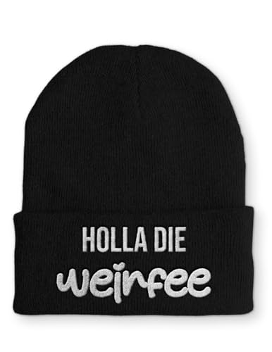 tshirtladen Holla die Weinfee Statement Beanie Mütze mit Spruch, Farbe: Black von tshirtladen