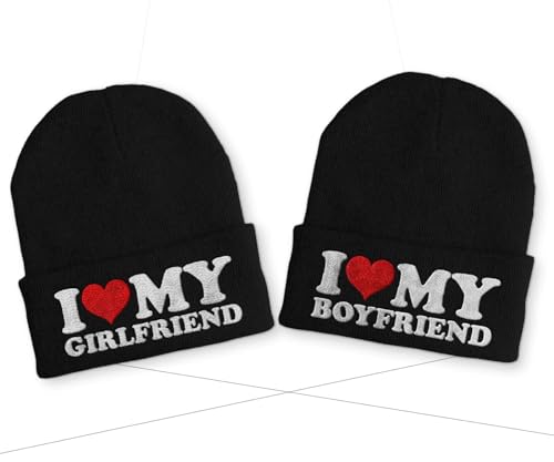 tshirtladen I Love My Boyfriend | I Love My Girlfriend Duo Statement Wintermütze Beanie Partnermützen, Farbe: Black von tshirtladen