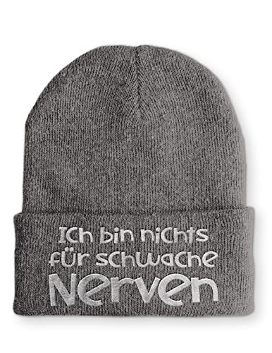 tshirtladen Ich bin nichts für schwache Nerven Statement Beanie Mütze mit Spruch, Farbe: Grau von tshirtladen
