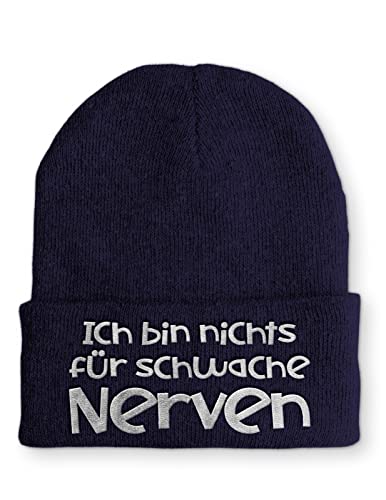 tshirtladen Ich bin nichts für schwache Nerven Statement Beanie Mütze mit Spruch, Farbe: Navy von tshirtladen