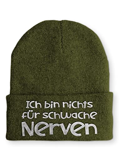 tshirtladen Ich bin nichts für schwache Nerven Statement Beanie Mütze mit Spruch, Farbe: Olive von tshirtladen