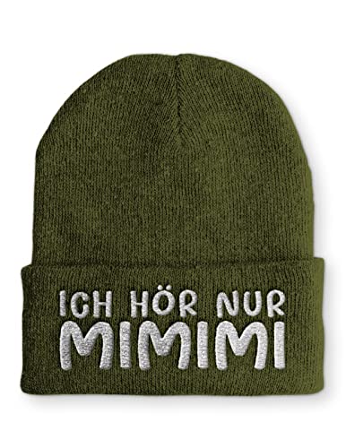 tshirtladen Ich hör nur MIMIMI Mütze Statement Beanie Mütze mit lustigem Spruch, Farbe: Olive von tshirtladen