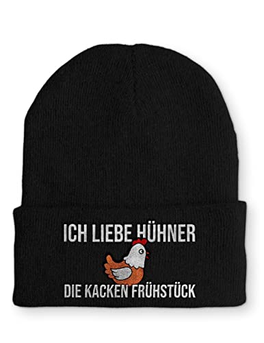 tshirtladen Ich liebe Hühner die kacken Frühstück Statement Beanie Mütze mit Spruch, Farbe: Black von tshirtladen