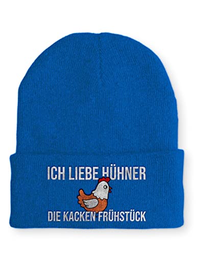 tshirtladen Ich liebe Hühner die kacken Frühstück Statement Beanie Mütze mit Spruch, Farbe: Blau von tshirtladen