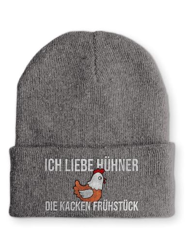 tshirtladen Ich liebe Hühner die kacken Frühstück Statement Beanie Mütze mit Spruch, Farbe: Grau von tshirtladen