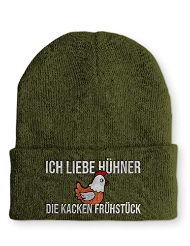 tshirtladen Ich liebe Hühner die kacken Frühstück Statement Beanie Mütze mit Spruch, Farbe: Olive von tshirtladen