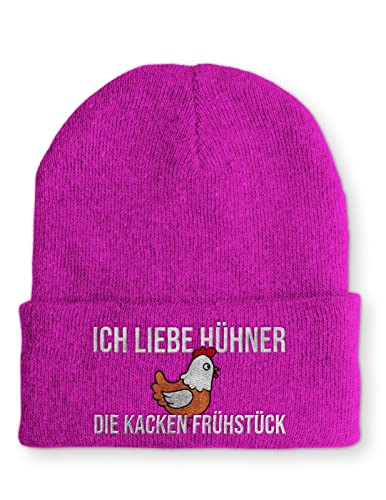 tshirtladen Ich liebe Hühner die kacken Frühstück Statement Beanie Mütze mit Spruch, Farbe: Pink von tshirtladen