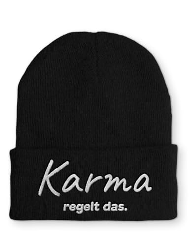 tshirtladen Karma regelt das. Statement Beanie Mütze Wintermütze mit Spruch, Farbe: Black von tshirtladen