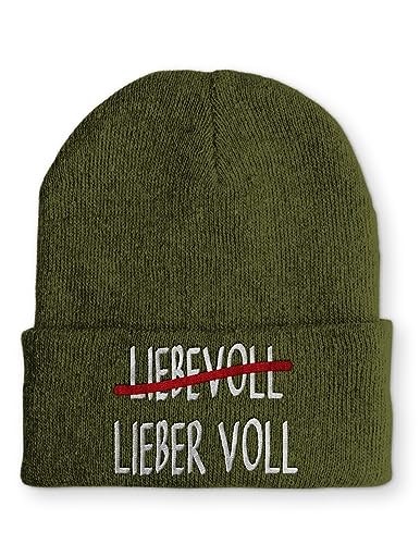 tshirtladen Lieber Voll anstatt Liebevoll Mütze Beanie Wintermütze mit Spruch, Farbe: Olive von tshirtladen