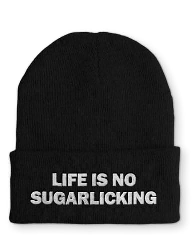 tshirtladen Life is no Sugarlicking Statement Beanie Mütze mit Spruch, Farbe: Black von tshirtladen