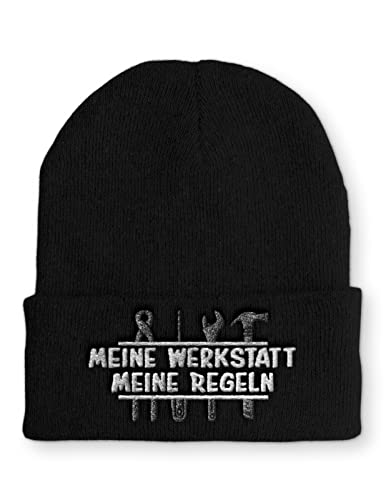 tshirtladen Meine Werkstatt Meine Regeln KFZ Handwerker Beanie Mütze für Damen und Herren, Farbe: Black von tshirtladen