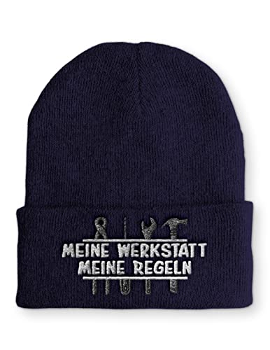 tshirtladen Meine Werkstatt Meine Regeln KFZ Handwerker Beanie Mütze für Damen und Herren, Farbe: Navy von tshirtladen