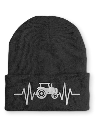 tshirtladen Mütze - Traktor Herzschlag Landwirt - Beanie One Size - Wintermütze Soft Touch - Spruchmütze bestickt, Farbe: Dunkelgrau von tshirtladen