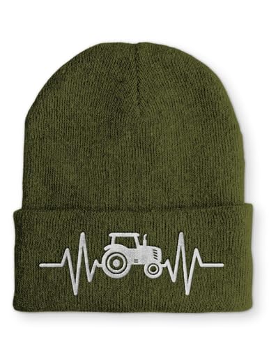 tshirtladen Mütze - Traktor Herzschlag Landwirt - Beanie One Size - Wintermütze Soft Touch - Spruchmütze bestickt, Farbe: Olive von tshirtladen