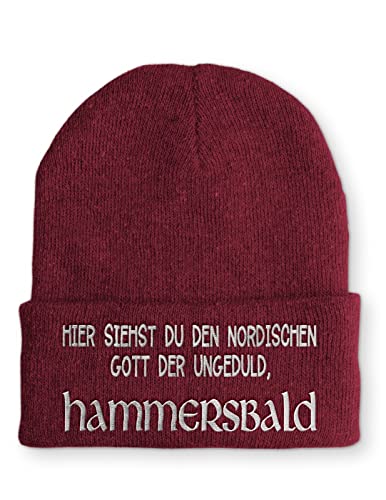 tshirtladen Strickmütze Hammersbald Nordischer Gott der Ungeduld Statement Beanie Mütze mit Spruch, Farbe: Bordeaux von tshirtladen