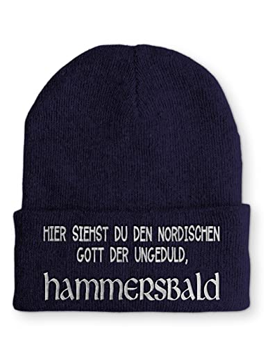 tshirtladen Strickmütze Hammersbald Nordischer Gott der Ungeduld Statement Beanie Mütze mit Spruch, Farbe: Navy von tshirtladen