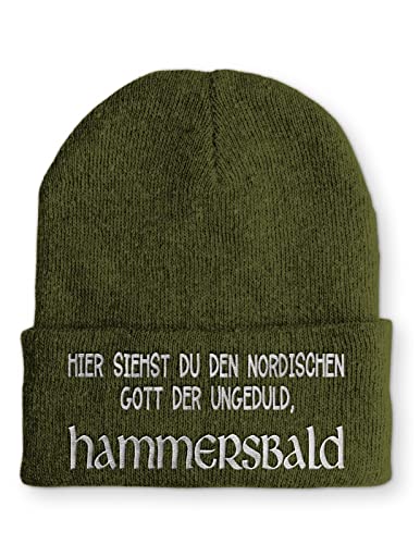 tshirtladen Strickmütze Hammersbald Nordischer Gott der Ungeduld Statement Beanie Mütze mit Spruch, Farbe: Olive von tshirtladen