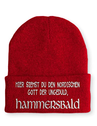 tshirtladen HAMMERSBALD Strickmütze - Nordischer Humor trifft Ungeduld | Beanie mit Statement für kalte Tage | Mütze für Männer & Frauen | Farbe: Rot von tshirtladen