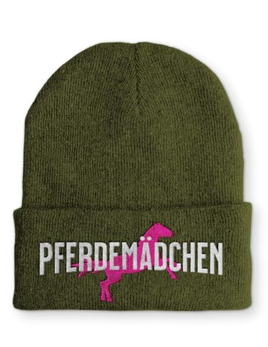 tshirtladen Batschkapp Pferdemädchen mit Pferd Stickerei Olive elastische Strickhaube Unisex Polyacryl für Damen Reiterinnen Freizeit Pferdesport von tshirtladen