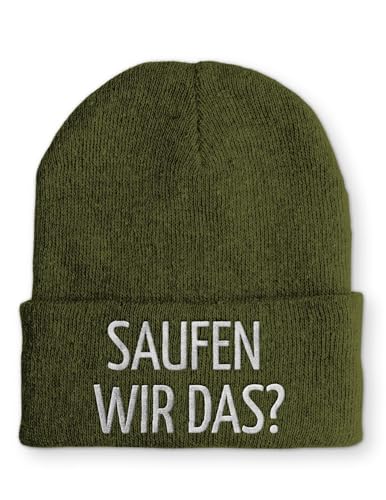 tshirtladen Saufen wir das? Spruchmütze Strickmütze Wintermütze lustige Beanie mit Stick OneSize Mütze, Farbe: Olive von tshirtladen