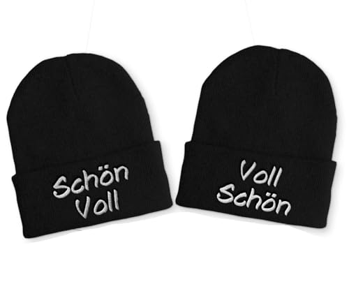 tshirtladen Schön Voll | Voll Schön Duo Spruchmütze Strickmütze Wintermütze lustige Beanie mit Stick OneSize Mütze, Farbe: Black von tshirtladen