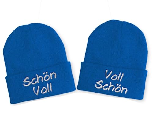 tshirtladen Schön Voll | Voll Schön Duo Spruchmütze Strickmütze Wintermütze lustige Beanie mit Stick OneSize Mütze, Farbe: Blau von tshirtladen