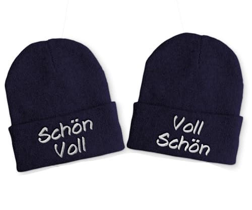 tshirtladen Schön Voll | Voll Schön Duo Spruchmütze Strickmütze Wintermütze lustige Beanie mit Stick OneSize Mütze, Farbe: Navy von tshirtladen