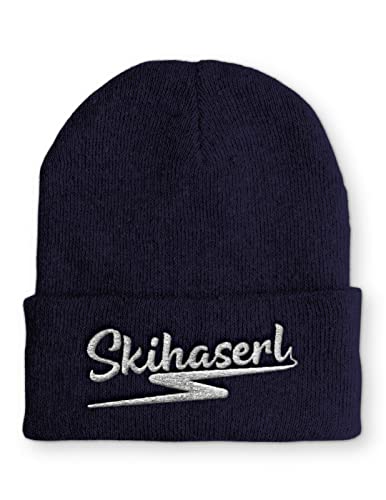 tshirtladen Skihaserl Mütze Navy - Coole Damen Mütze mit Spruch - Lustige Beanie - Après Ski Accessoire - Geschenk für sie - Skifahrerin Look - Weihnachten - Warm - bestickt - One Size von tshirtladen
