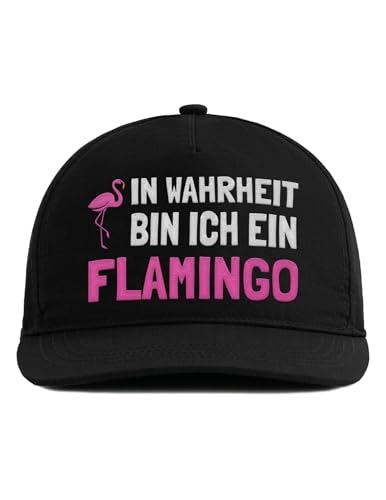 tshirtladen Snapback Cap Schwarz - In Wahrheit Bin ich EIN Flamingo - Lustige bestickte Trucker Kappe - Geschenk für Flamingo-Fans - Coole 5-Panel Cap mit Spruch für Damen und Herren von tshirtladen