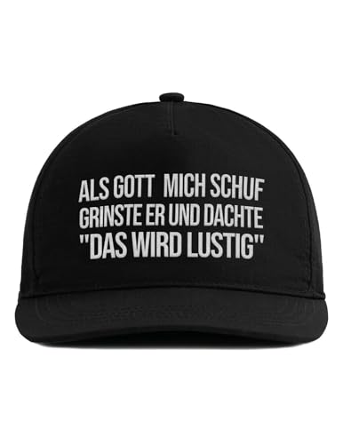tshirtladen Snapback Schwarz - Spruch Cap für Männer: Als Gott Mich Schuf grinste er - Lustige Geschenkidee - Herren Basecap - witzig Bestickt - Statement Kappe mit Humor - Streetwear Style von tshirtladen
