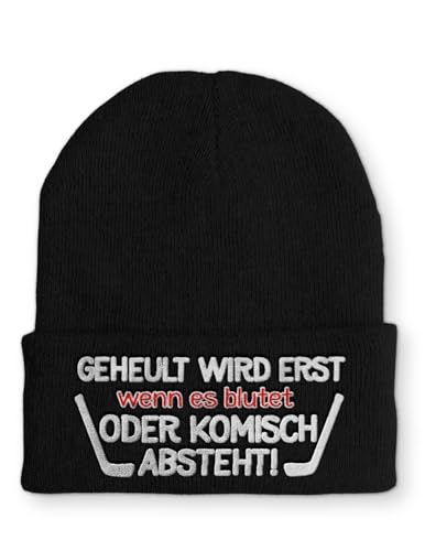 tshirtladen Spruchmütze Strickmütze Eishockey Wintermütze lustige Beanie mit Stick OneSize, Farbe: Black von tshirtladen