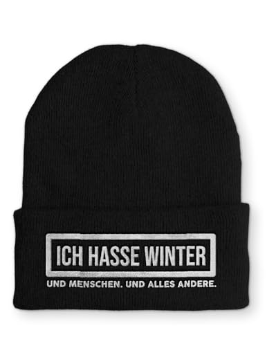 tshirtladen Spruchmütze Strickmütze Ich Hasse Winter Mütze lustige Beanie mit Stick OneSize, Farbe: Black von tshirtladen